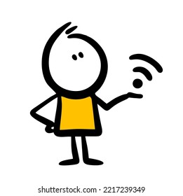 Doodle character holds wifi sign in his hand. Vector illustration of people and technologies.