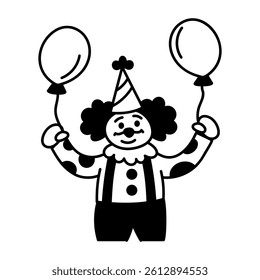 Doodle character illustration of a birthday clown holding two balloons