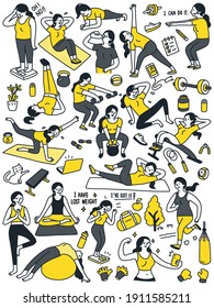 Doodle character set of woman doing workout, fitness, yoga, exercise, and try to lose weight from obesity to become slim body.  Portrait and full length. Funny and simple style.