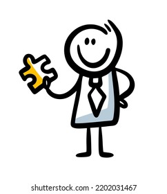 Doodle character with tie and puzzle element in his hand. Vector illustration of smart businessman.