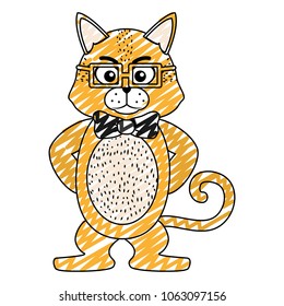 doodle character tiger animal with tie bow and glasses