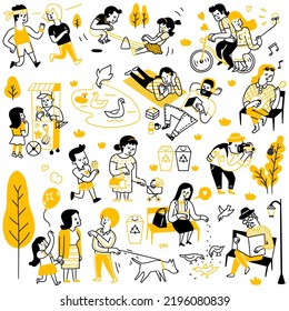 Doodle character vector illustration. Various people doing acitivities in public park, recreation, relax, spend leisure time outdoor. Outline, thin line art, linear, hand drawn sketch design. - Shutterstock ID 2196080839