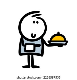 Doodle character of the waiter holds a napkin and a covered dish. Vector illustration of friendly employee man in cafe or restaurant.
