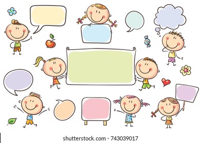 Doodle characters with blank signs, banners, speech bubbles. No gradients used, easy to print and edit. Vector files can be scaled to any size.