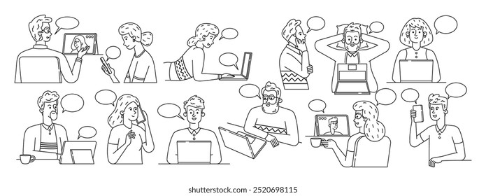 Doodle Characters Engaged In Online Communication Using Different Modern Gadgets like Smartphones, Laptops, Tablets