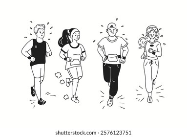 Doodle characters enjoy running linear icons collection. Young people promote healthy lifestyle doodle characters set on white background