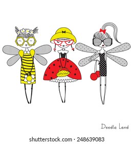 personajes de doodle de chicas de insectos de moda