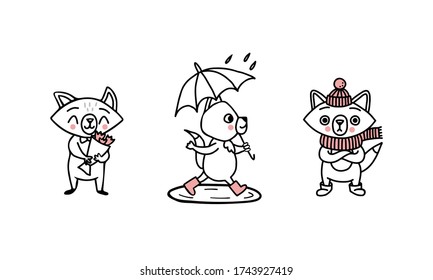 Doodle characters of foxes at different times of the year: with flowers spring and summer, rubber boots under an umbrella the rain in puddles and, in a scarf, hat and ugg boots in winter