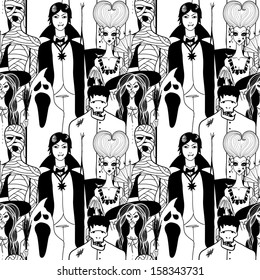 Doodle characters for halloween seamless pattern.