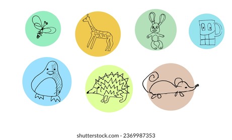 Doodle characters insect, giraffe, hedgehog, bunny, penguin, mouse, cup