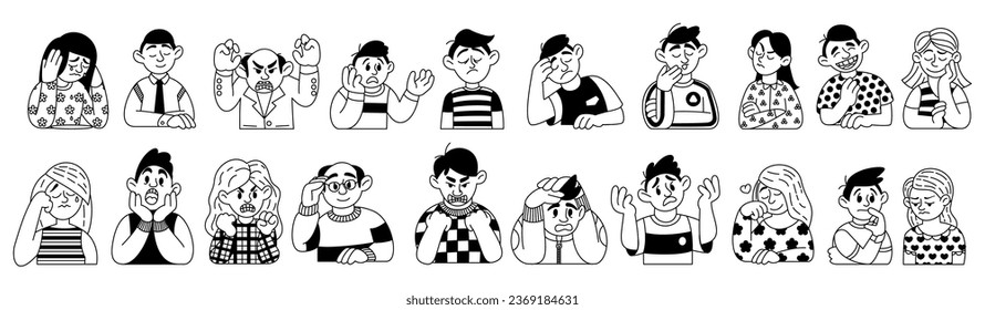 Doodle characters. People faces. Person emotion expressions. Outline sad woman. Funny man thinking. Crying girl. Confused guy. Monochrome heads. Vector cartoon sketch portraits set