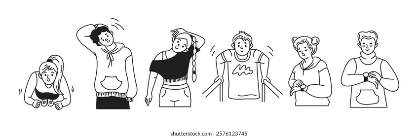 Doodle characters perform warming up exercises linear icons collection. People promote healthy lifestyle doodle characters set on white