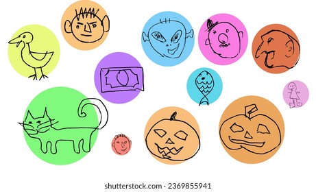 doodle characters set, duck, boy, cat, money, Frenchman in a hat, alien, sorcerer, pumpkin, fish, doll