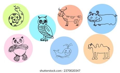 Doodle characters set, snake, cow, panda, hippopotamus, camel, whale
