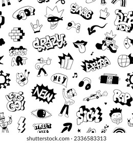 doodle characters words graffiti hand drawn seamless vector pattern , funny background for teenager