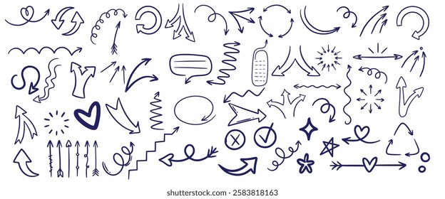Doodle charcoal arrows set. Hand drawn line freehand curved lines, swirls drawing arrows. black chalk arrow smears. Vector illustration
