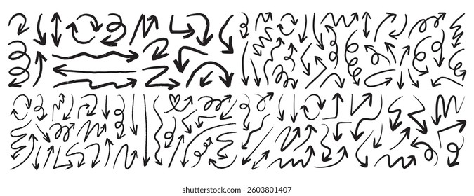 Doodle charcoal arrows set. Hand drawn line freehand curved lines, swirls drawing arrows. black chalk arrow smears. Vector illustration