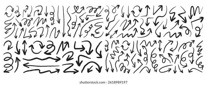 Doodle charcoal arrows set. Hand drawn line freehand curved lines, swirls drawing arrows. black chalk arrow smears. Vector illustration