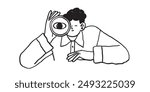 Doodle charcoal drawing of curious man looking through telescope. Business metaphor for search or research, development, web surfing. Trendy outline vector characters for web or ui design.