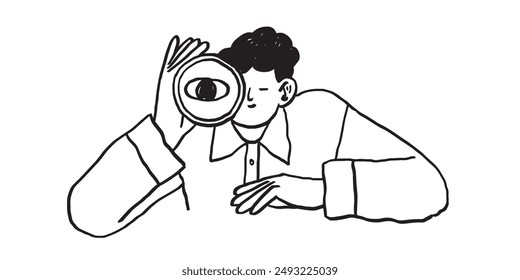 Doodle charcoal drawing of curious man looking through telescope. Business metaphor for search or research, development, web surfing. Trendy outline vector characters for web or ui design.