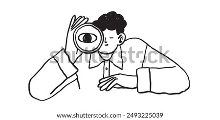 Doodle charcoal drawing of curious man looking through telescope. Business metaphor for search or research, development, web surfing. Trendy outline vector characters for web or ui design.