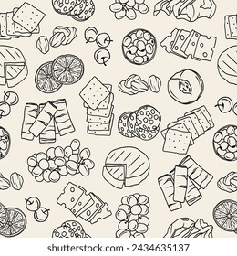 Doodle charcuterie board food seamless pattern