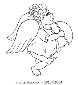 Doodle is a charming baby angel with a bow and arrow in his hands on a white background.Vector angel can be used in festive religious designs, postcards, children's coloring books,textiles.
