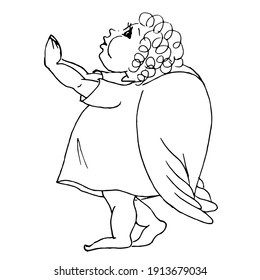 Doodle is a charming baby angel praying on a white background.Vector angel can be used in festive religious designs, postcards, children's coloring books,textiles.
