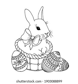 Doodle charming white rabbit in basket and three Easter eggs on white background.Vector composition can be used in seasonal Easter designs,coloring pages,postcards,textiles.
