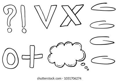 Doodle chat cartoon bubble, question mark, exclamation mark, tick and cross sign. Hand drawn set.