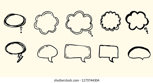 Doodle chat cartoon bubbles. Hand drawn set