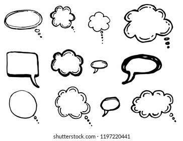 Doodle chat cartoon bubbles. Hand drawn vector set. Isolated on white background