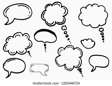 Doodle chat cartoon bubbles. Hand drawn vector set. Isolated on white background