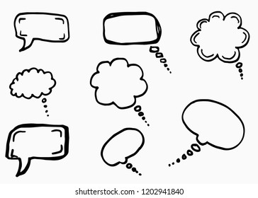 Doodle chat cartoon bubbles. Hand drawn vector set. Isolated on white background