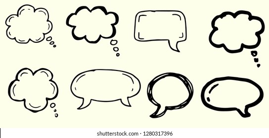 Doodle chat cartoon bubbles. Hand drawn vector set. Isolated on yellow background