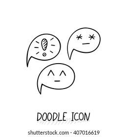 Doodle chatting icon. Text bubble. Cloud for messages, posts, sms. Smiles, warning.