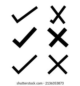 Häkchen-Häkchen-Markierungszeichen und Symbol-kreuzmarkieren-Set. Zecksymbol. Markierungsschilder. Vektorgrafik