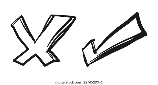 Marca de verificación de Doodle y conjunto de iconos de marca transversal. Símbolo de marca. signos de la lista de verificación. ilustración vectorial