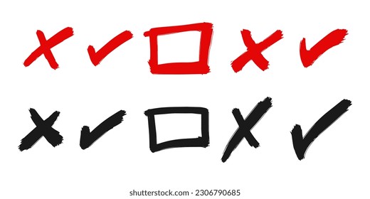Doodle check mark and cross mark icon set. Tick symbol. checklist signs. vector illustration