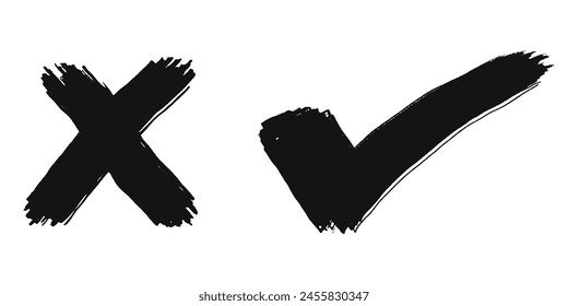 Doodle check mark and cross mark icon set. Tick symbol. checklist signs. vector illustration