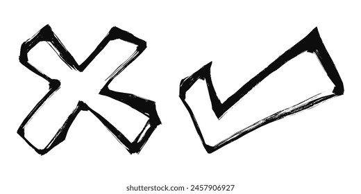 Doodle-Häkchen und Kreuz-Häkchen-Symbol gesetzt. Markierungssymbol. Checkliste signiert. Vektorillustration