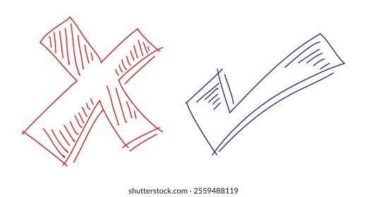 Doodle check mark and cross mark icon set. Tick symbol. checklist signs. vector illustration