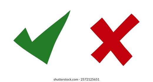 Doodle check mark and cross mark icon set. Tick symbol. checklist signs. vector illustration