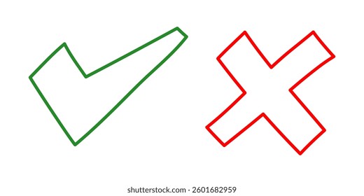 Doodle check mark and cross mark icon set. Tick symbol. checklist outline signs. vector illustration