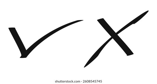 Doodle check mark and cross mark icon set. Tick symbol. checklist signs. vector illustration
