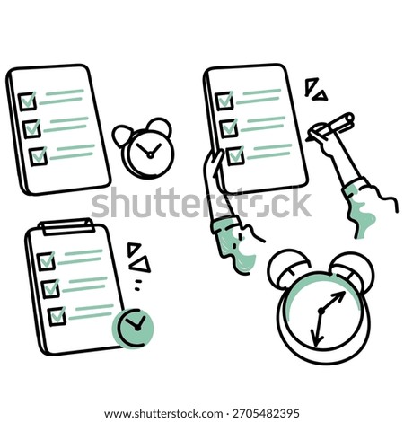 doodle check mark data clipboard and clock in hand drawn style