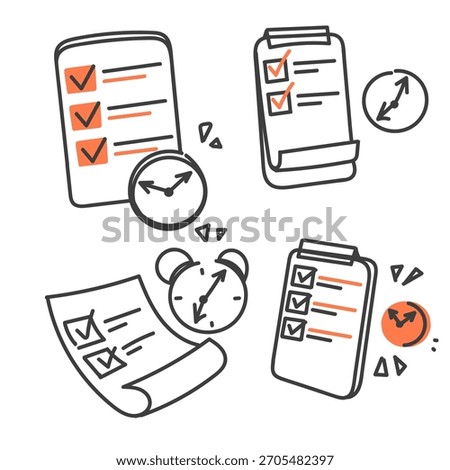 doodle check mark data clipboard and clock in hand drawn style