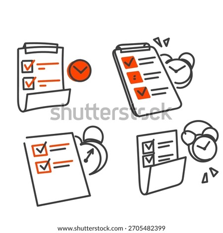 doodle check mark data clipboard and clock in hand drawn style