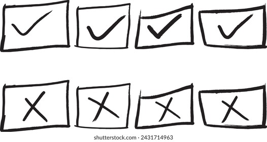 doodle check mark. Hand drawn check and arrows signs. doodle effect stain collection. Chalk texture stain set. Doodle check marks. Hand drawn checkbox, examination mark and checklist marks design