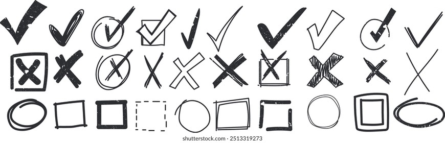 Doodle marca de verificación conjunto, Vector dibujado a mano del icono de la lista de comprobación del boceto